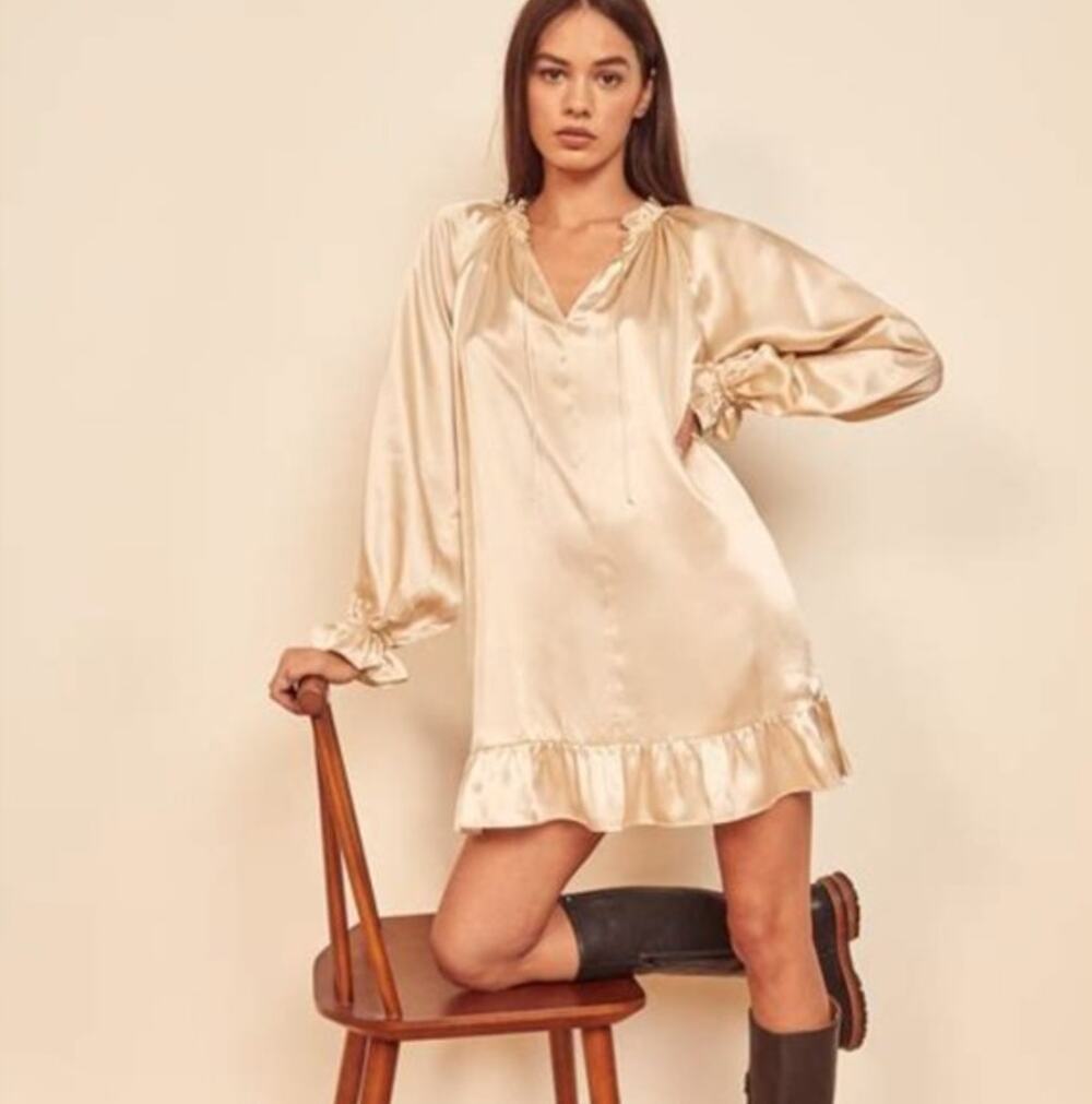 NWT Reformation Lyra Almond Cream Silk Long Sleeve Dress Size XL